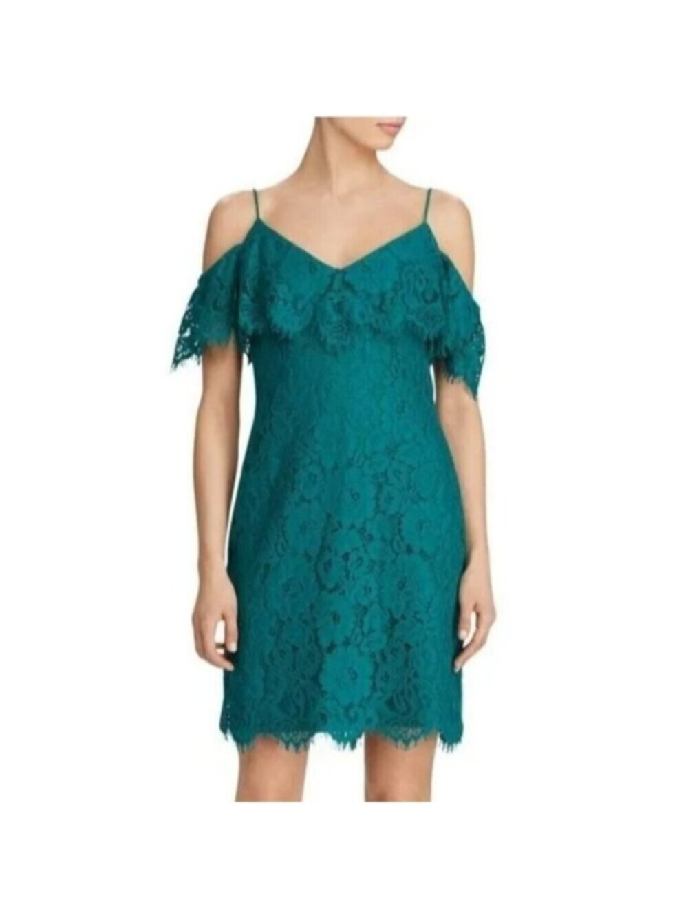 Ralph Lauren Lace Ruffle Off Cold Shoulder Dress Emerald Green Knee Length Party